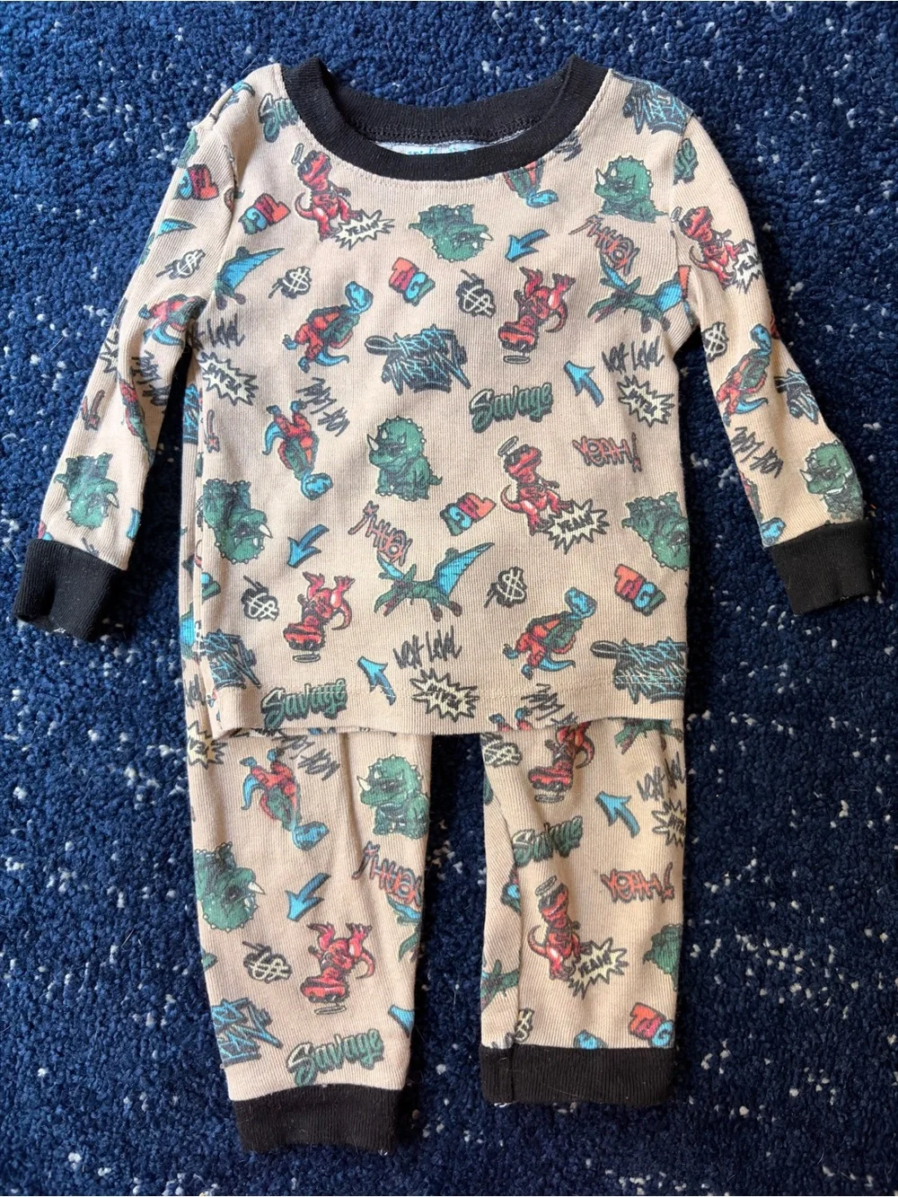 Kidgets Beige Dino Graphic Pajama Set with Black Trim
